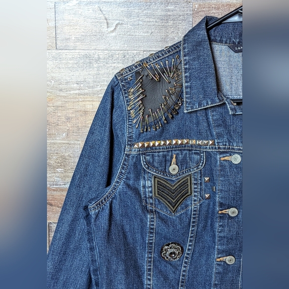 Upcycled Handcrafted Ton Of Detailed Bling Jean Jacket With Black Skull - Picture 5 of 16